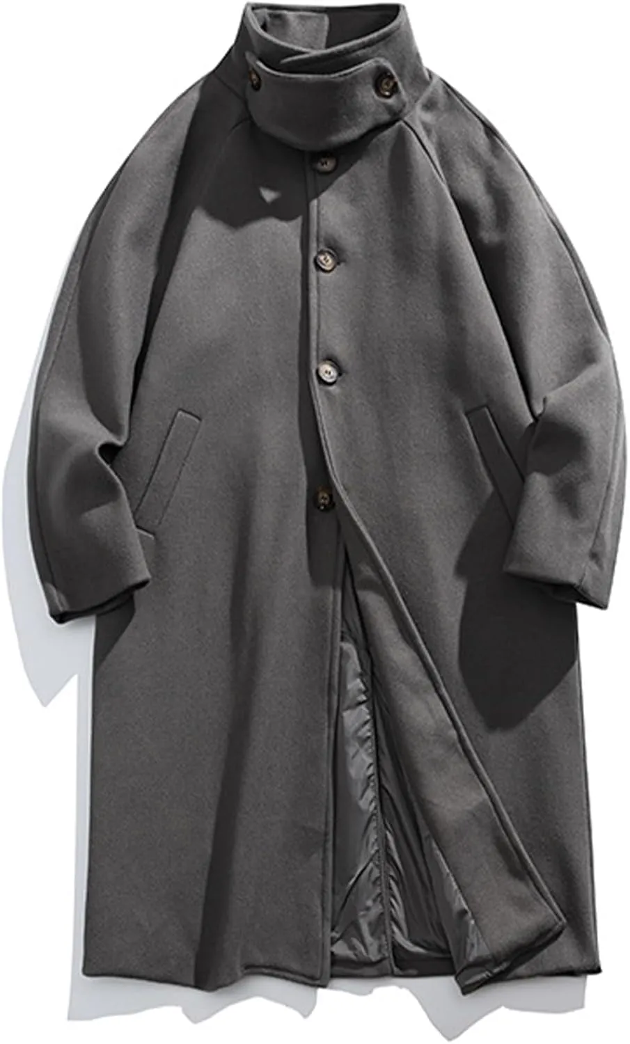 Mens Peacoat Jacket Winter Stand Collar Wool Blend Trench Coat Single Long Overcoat Soild Pea Coat Jackets