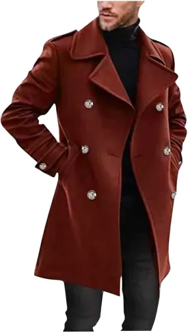 Mens Peacoat Jacket Winter Wool Blend Trench Coats Classic Notched Lapel Collar Double Formal Overcoat