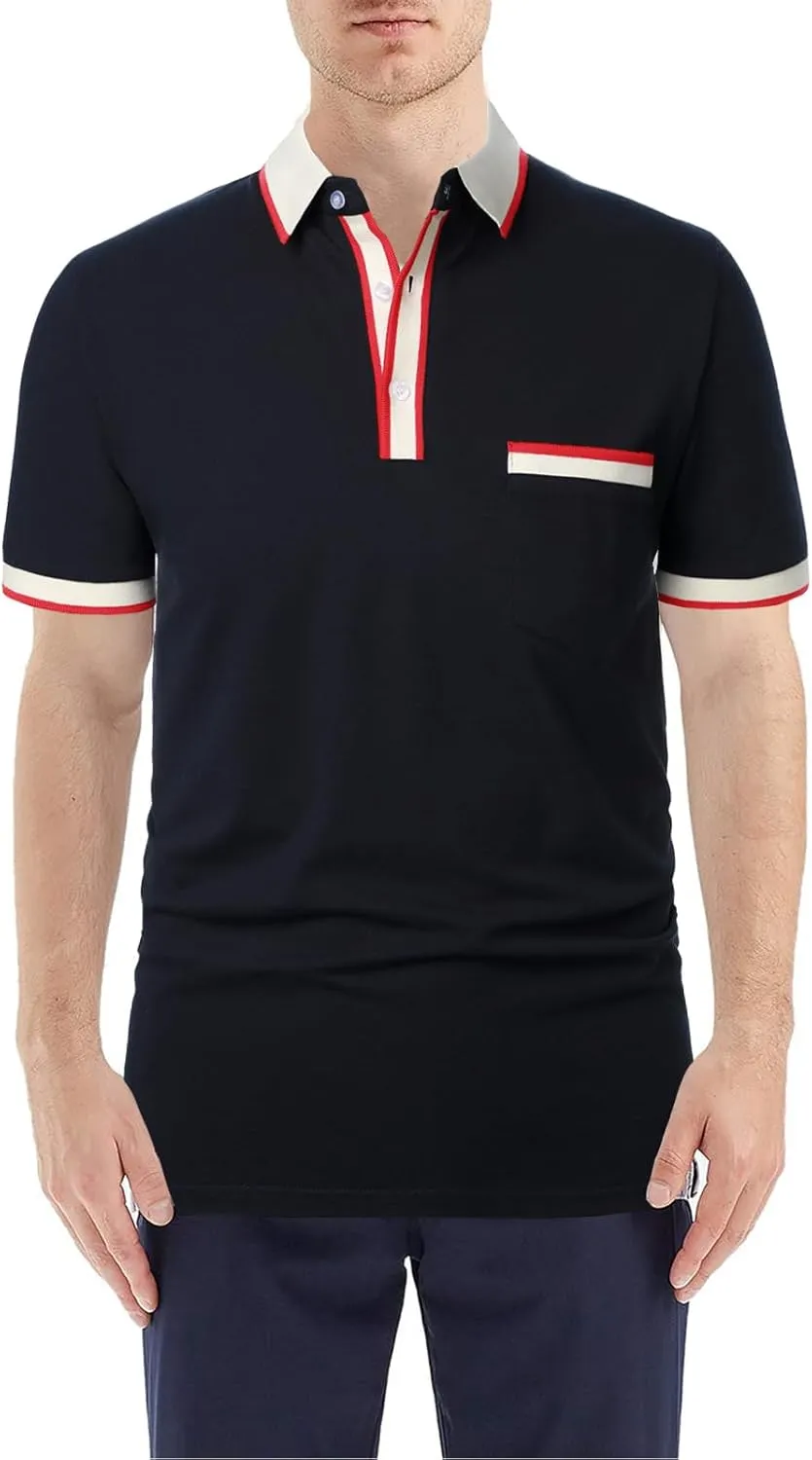 Men's Polo Shirts Short Sleeve Striped Contrast Collar Golf Polo with Pocket Casual Cotton T Shirts for Men