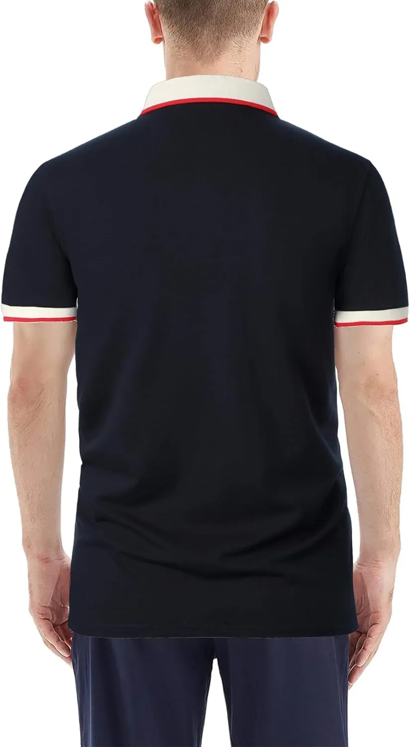 Men's Polo Shirts Short Sleeve Striped Contrast Collar Golf Polo with Pocket Casual Cotton T Shirts for Men