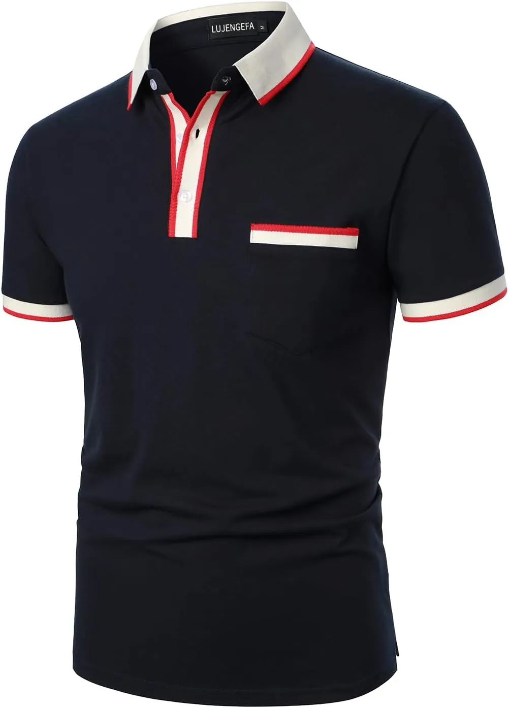 Men's Polo Shirts Short Sleeve Striped Contrast Collar Golf Polo with Pocket Casual Cotton T Shirts for Men