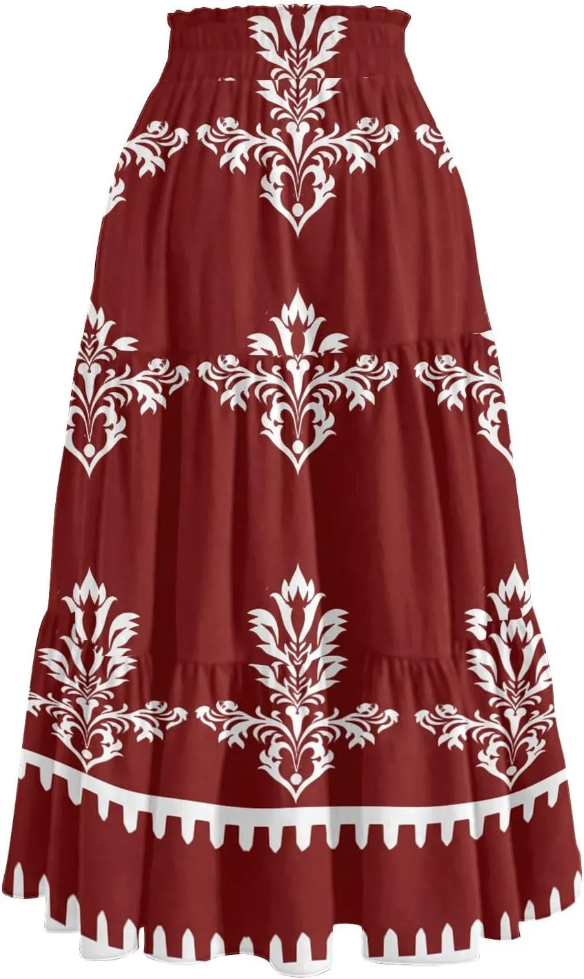 Midi Summer Skirts for Women Drawstring High Waist Knee Length Skirts A Line Floral Print Work Skirt with Pockets