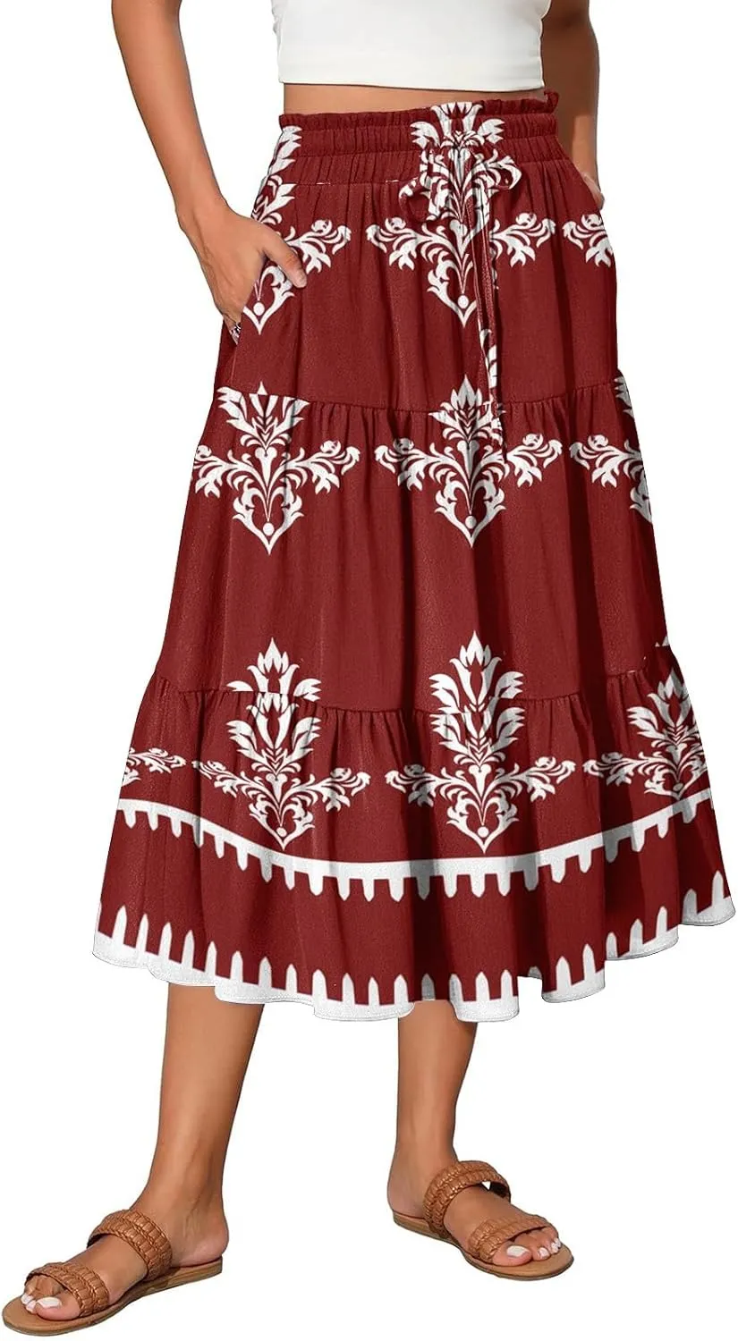 Midi Summer Skirts for Women Drawstring High Waist Knee Length Skirts A Line Floral Print Work Skirt with Pockets