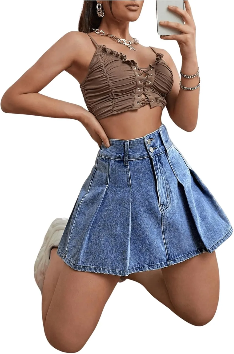 Milumia Women's Pleated Denim Skirt Trendy High Waisted Mini Jean Skater Skirts