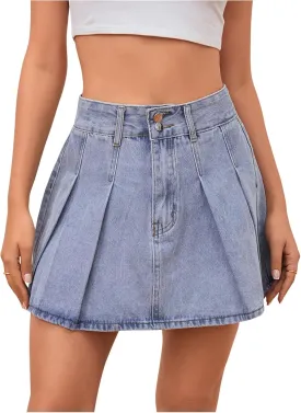 Milumia Women's Pleated Denim Skirt Trendy High Waisted Mini Jean Skater Skirts