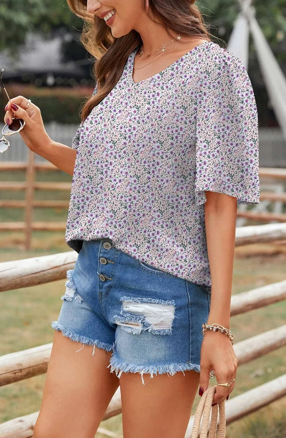 Neineiwu Women's Summer V Neck Floral Print Blouse Short Sleeve Loose Top Shirts