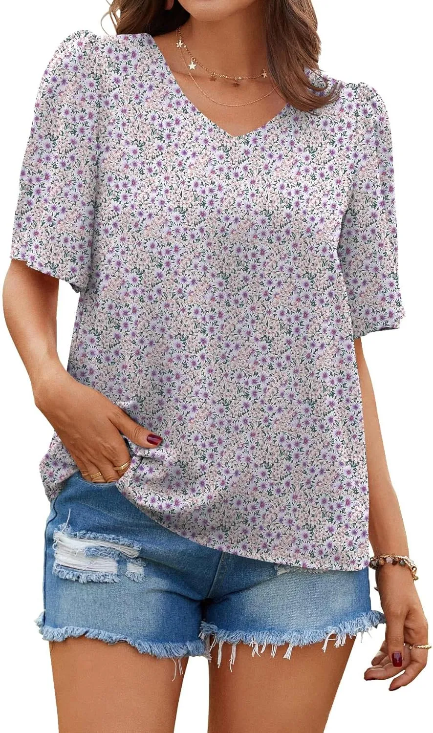Neineiwu Women's Summer V Neck Floral Print Blouse Short Sleeve Loose Top Shirts