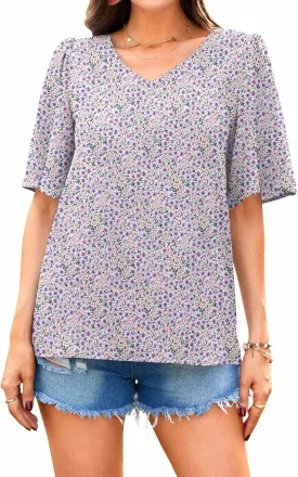 Neineiwu Women's Summer V Neck Floral Print Blouse Short Sleeve Loose Top Shirts