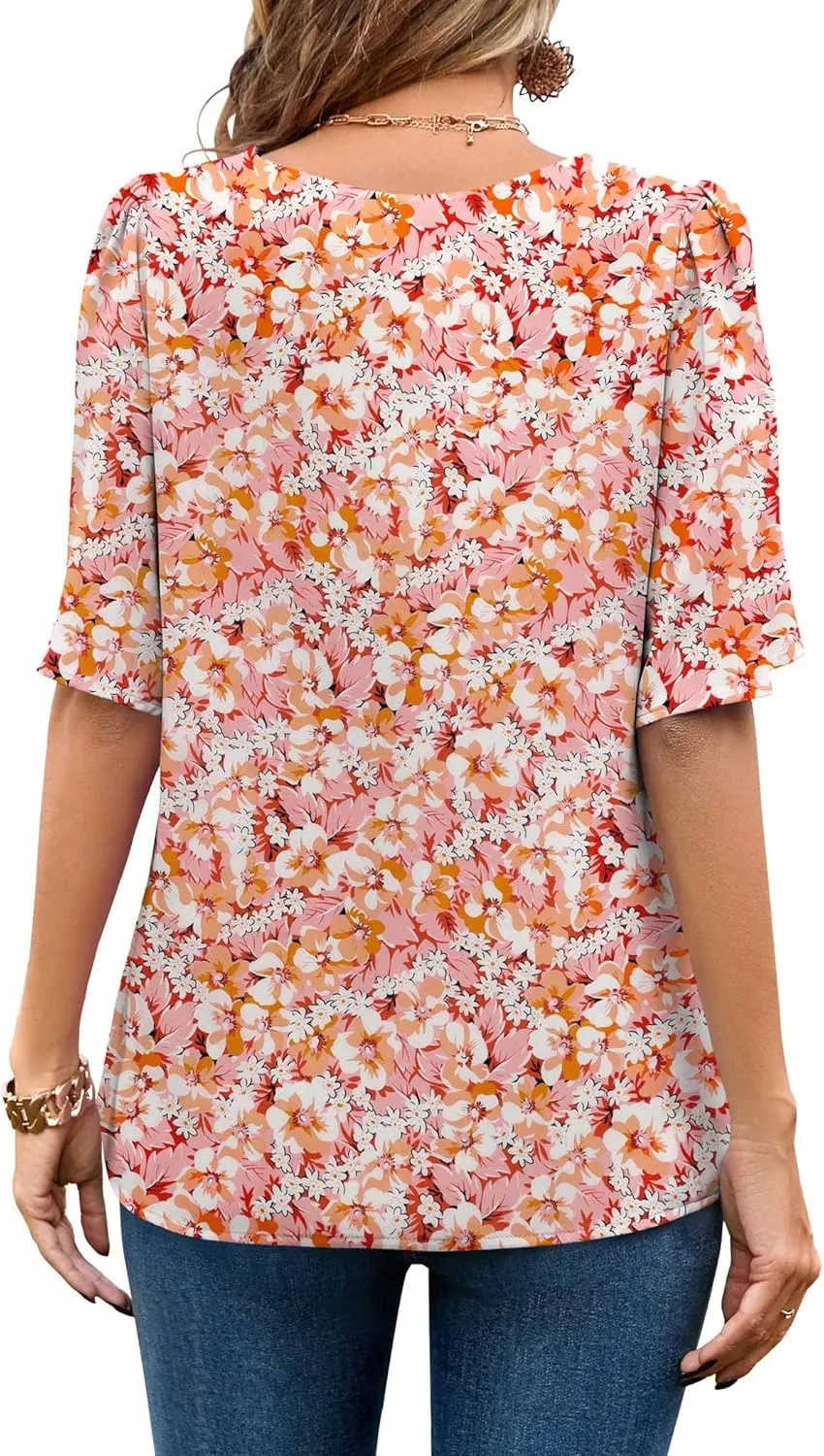 Neineiwu Women's Summer V Neck Floral Print Blouse Short Sleeve Loose Top Shirts