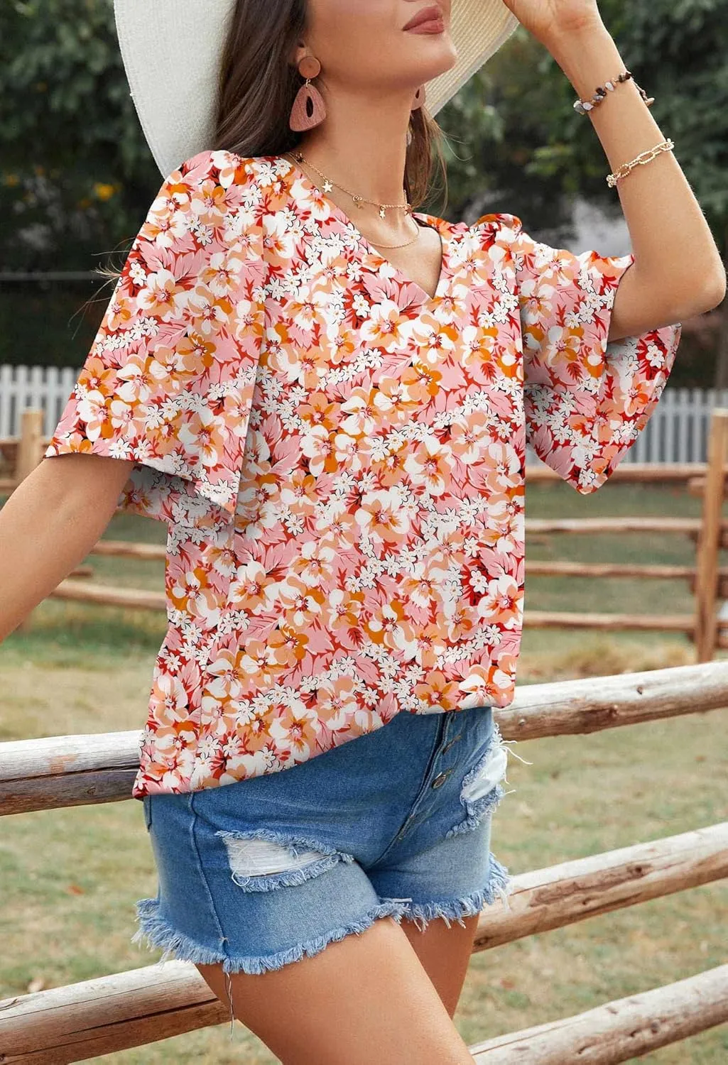 Neineiwu Women's Summer V Neck Floral Print Blouse Short Sleeve Loose Top Shirts