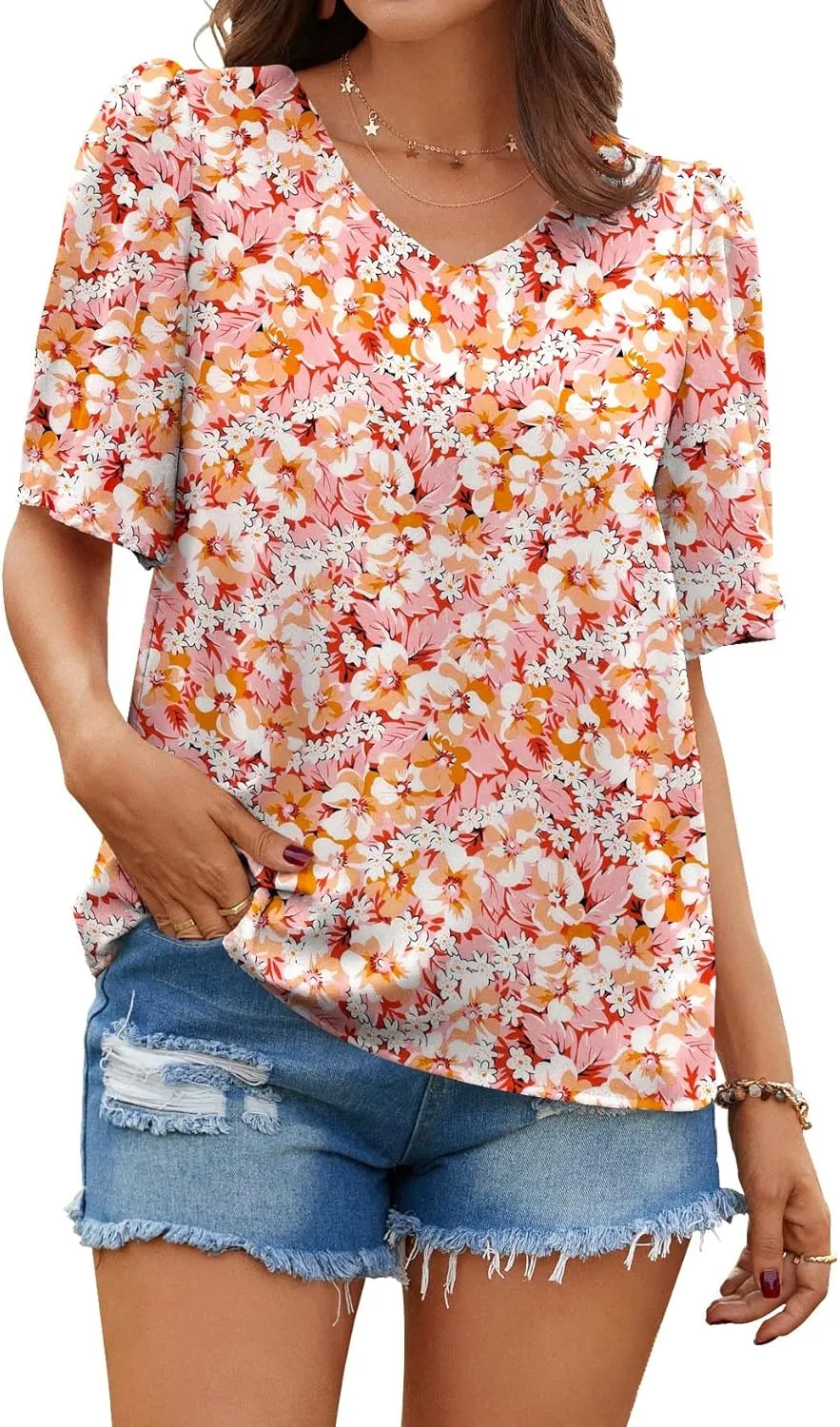 Neineiwu Women's Summer V Neck Floral Print Blouse Short Sleeve Loose Top Shirts