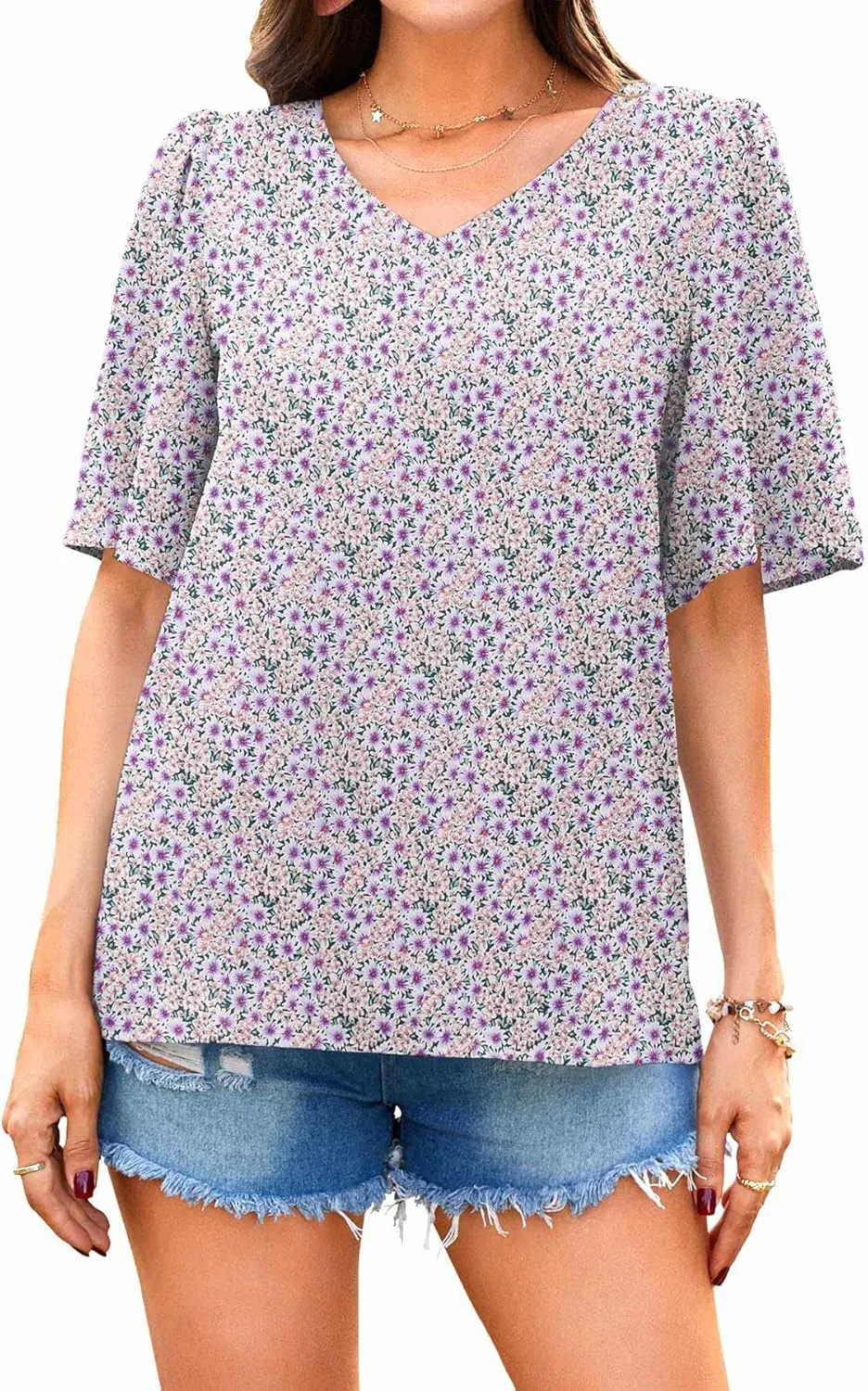 Neineiwu Women's Summer V Neck Floral Print Blouse Short Sleeve Loose Top Shirts