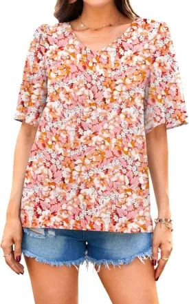 Neineiwu Women's Summer V Neck Floral Print Blouse Short Sleeve Loose Top Shirts