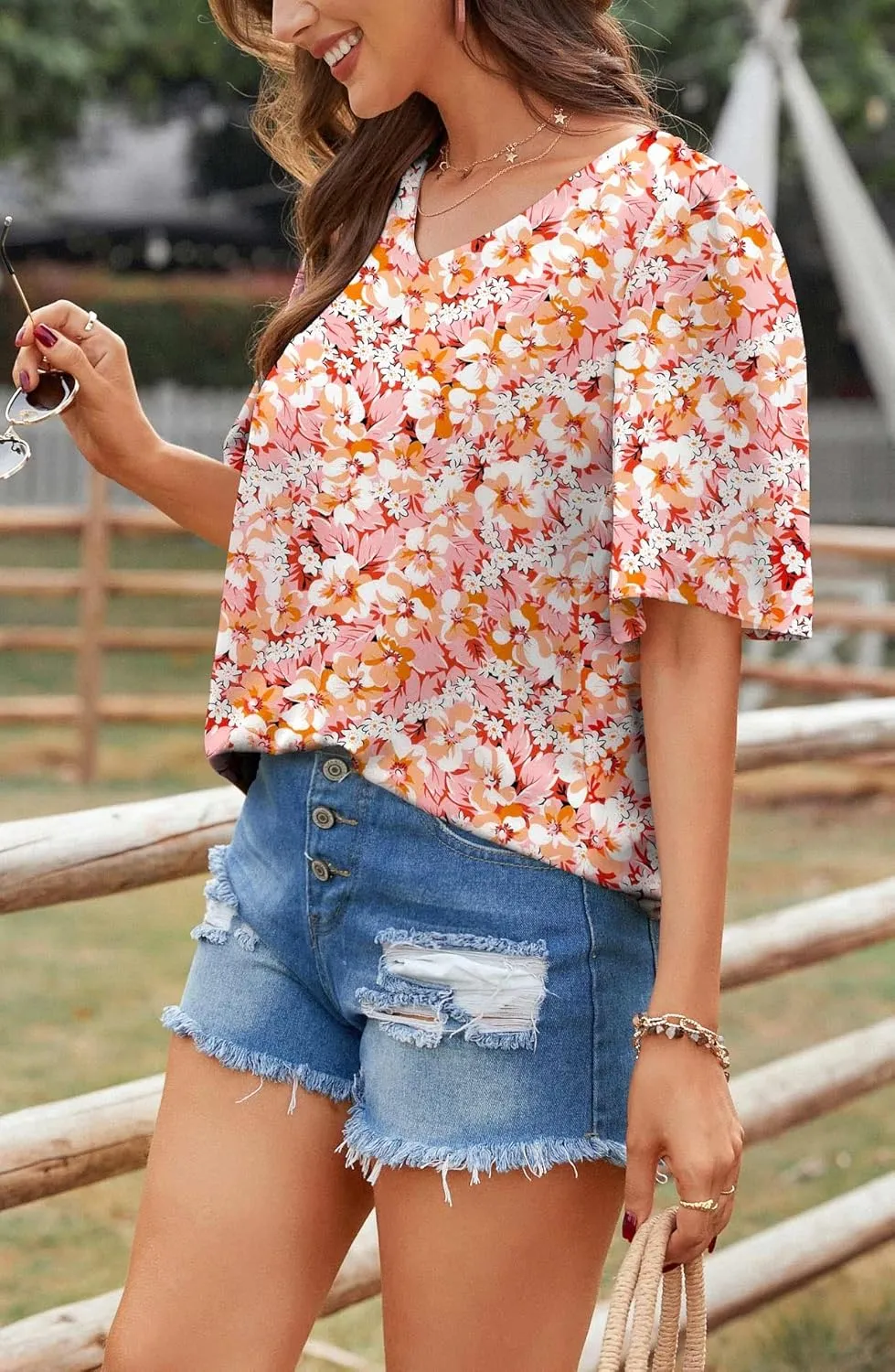 Neineiwu Women's Summer V Neck Floral Print Blouse Short Sleeve Loose Top Shirts