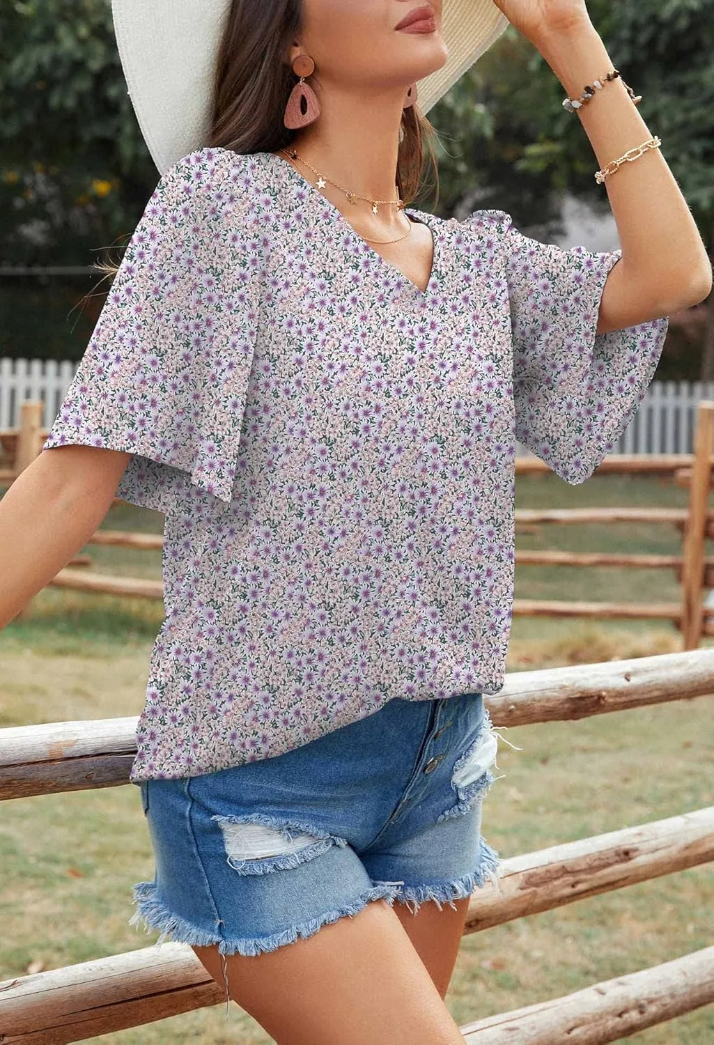 Neineiwu Women's Summer V Neck Floral Print Blouse Short Sleeve Loose Top Shirts