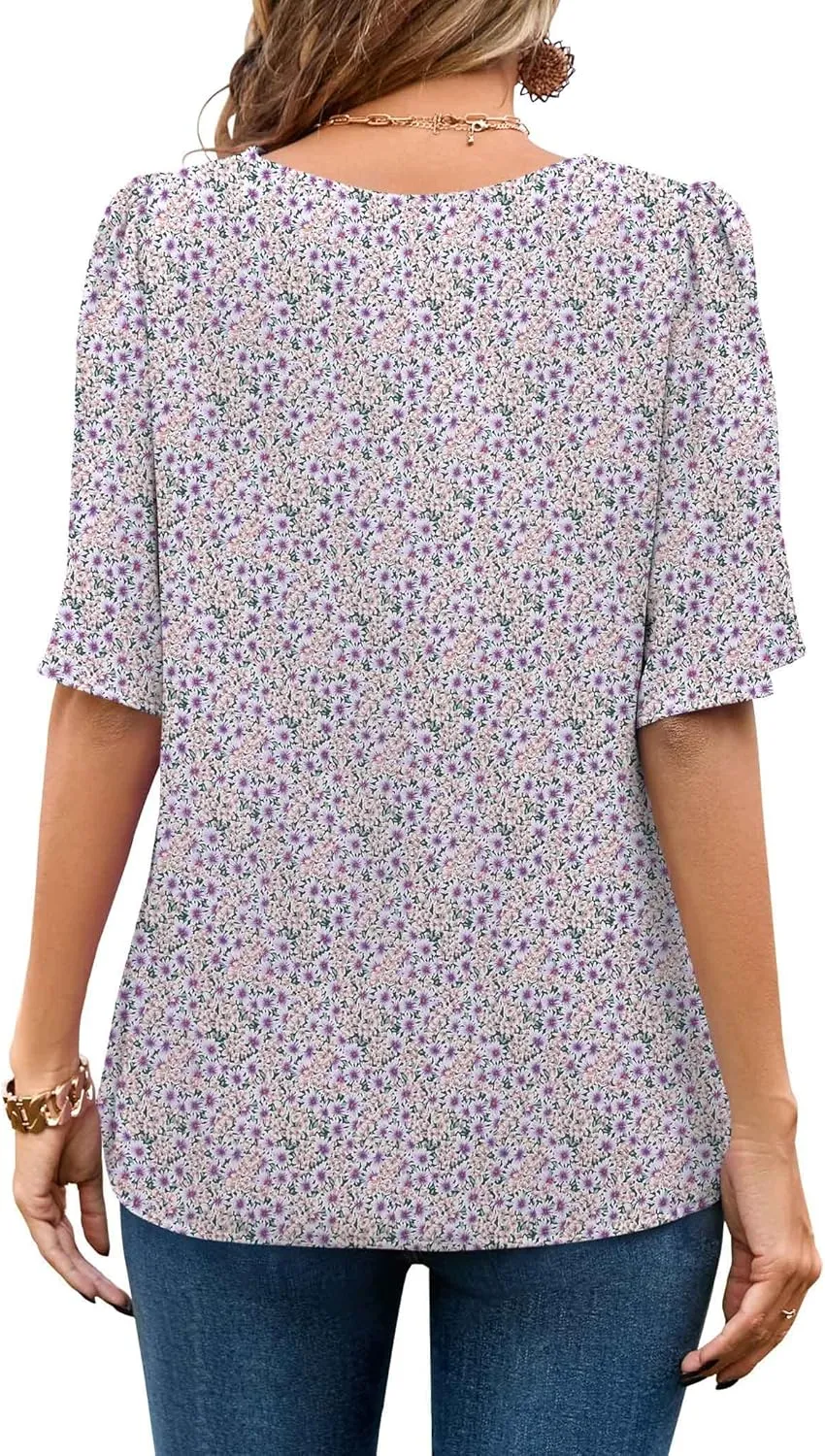 Neineiwu Women's Summer V Neck Floral Print Blouse Short Sleeve Loose Top Shirts