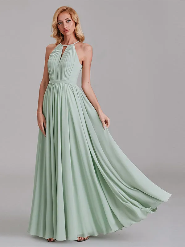 New Arrival A-Line Halter Chiffon Simple Floor-Length Bridesmaid Dress With Pleated