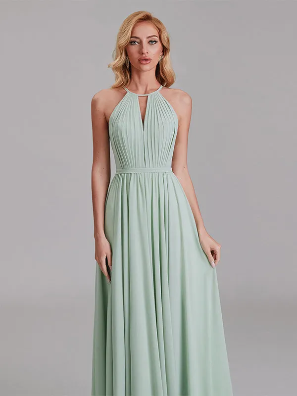 New Arrival A-Line Halter Chiffon Simple Floor-Length Bridesmaid Dress With Pleated