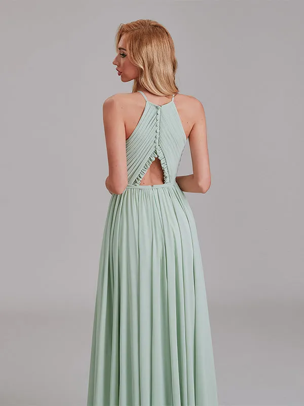 New Arrival A-Line Halter Chiffon Simple Floor-Length Bridesmaid Dress With Pleated