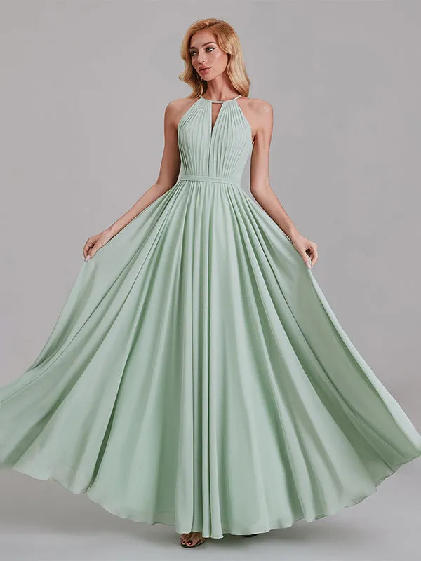 New Arrival A-Line Halter Chiffon Simple Floor-Length Bridesmaid Dress With Pleated