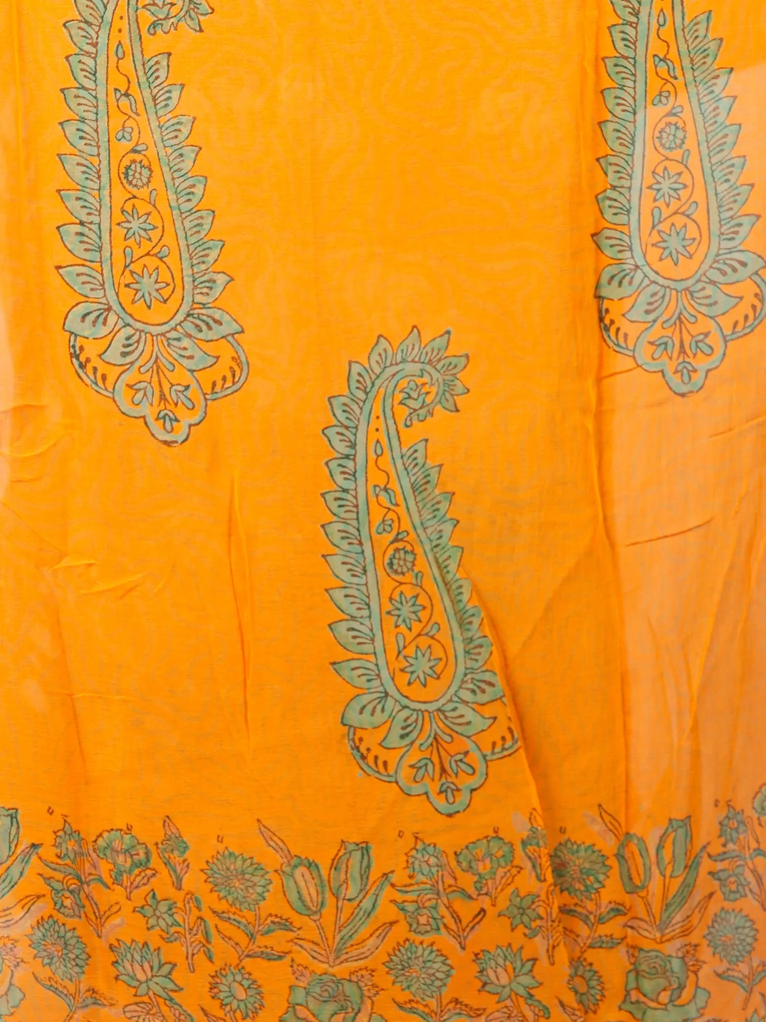 Orange Green Hand Block Printed Chiffon Saree with Zari Border - S031703422