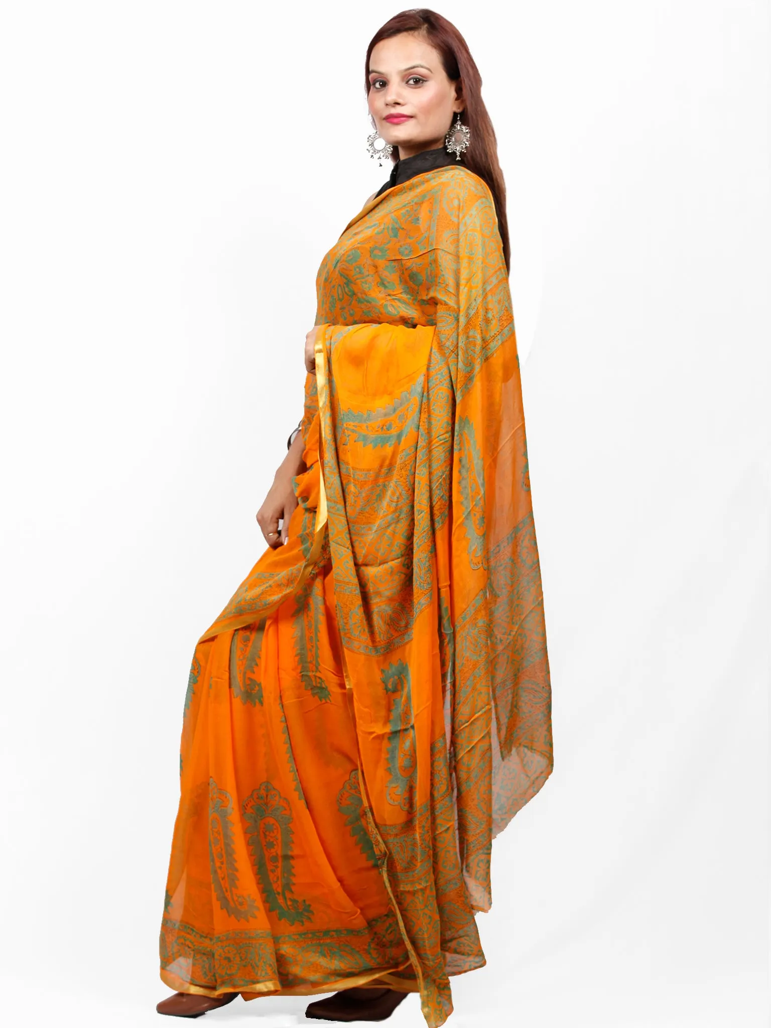 Orange Green Hand Block Printed Chiffon Saree with Zari Border - S031703422