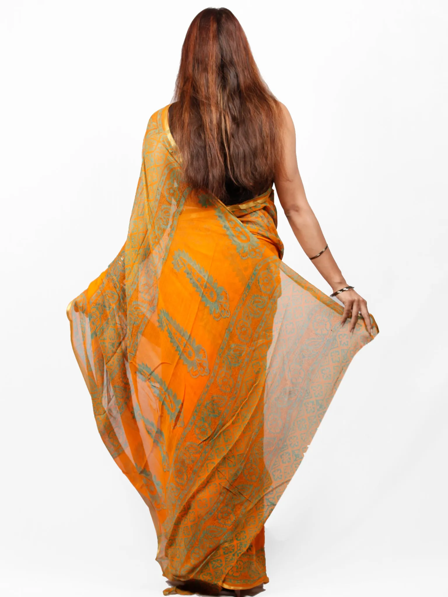 Orange Green Hand Block Printed Chiffon Saree with Zari Border - S031703422