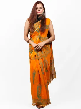 Orange Green Hand Block Printed Chiffon Saree with Zari Border - S031703422