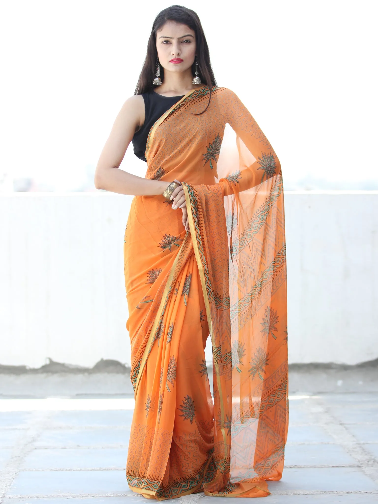 Orange Green Hand Block Printed Chiffon Saree with Zari Border - S031703924