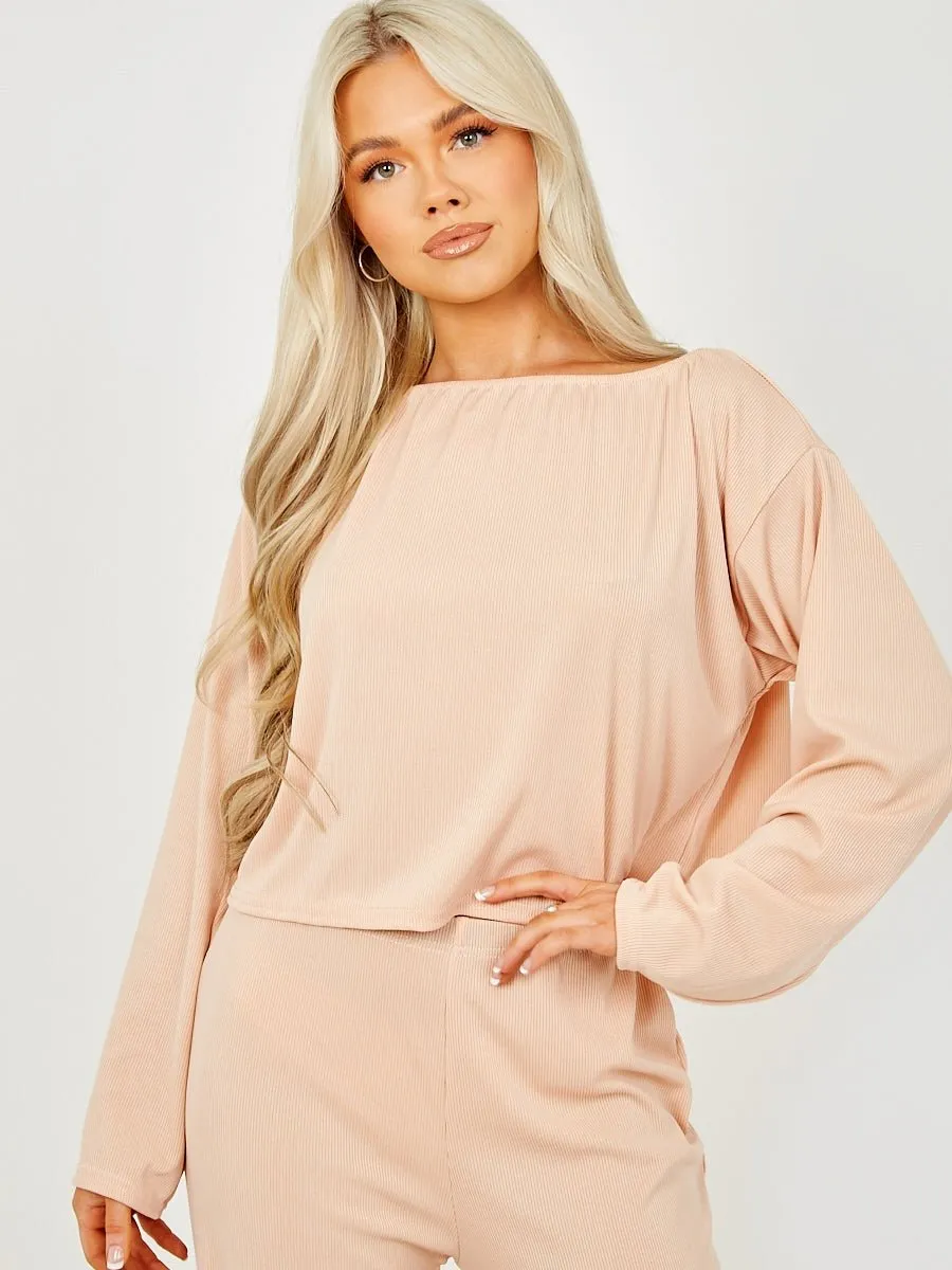 Pink Off Shoulder Ribbed Co-ord