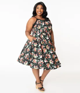 Plus Size 1950s Black & Happy Floral Print Elena Swing Dress