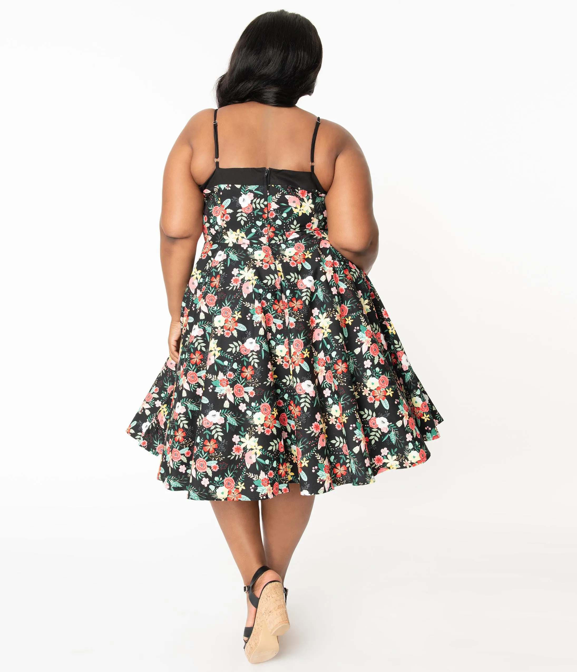 Plus Size 1950s Black & Happy Floral Print Elena Swing Dress