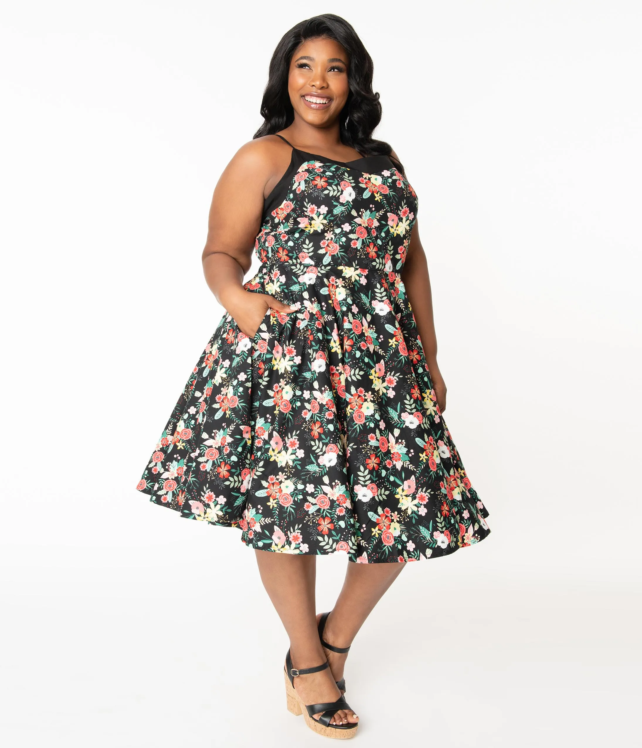 Plus Size 1950s Black & Happy Floral Print Elena Swing Dress