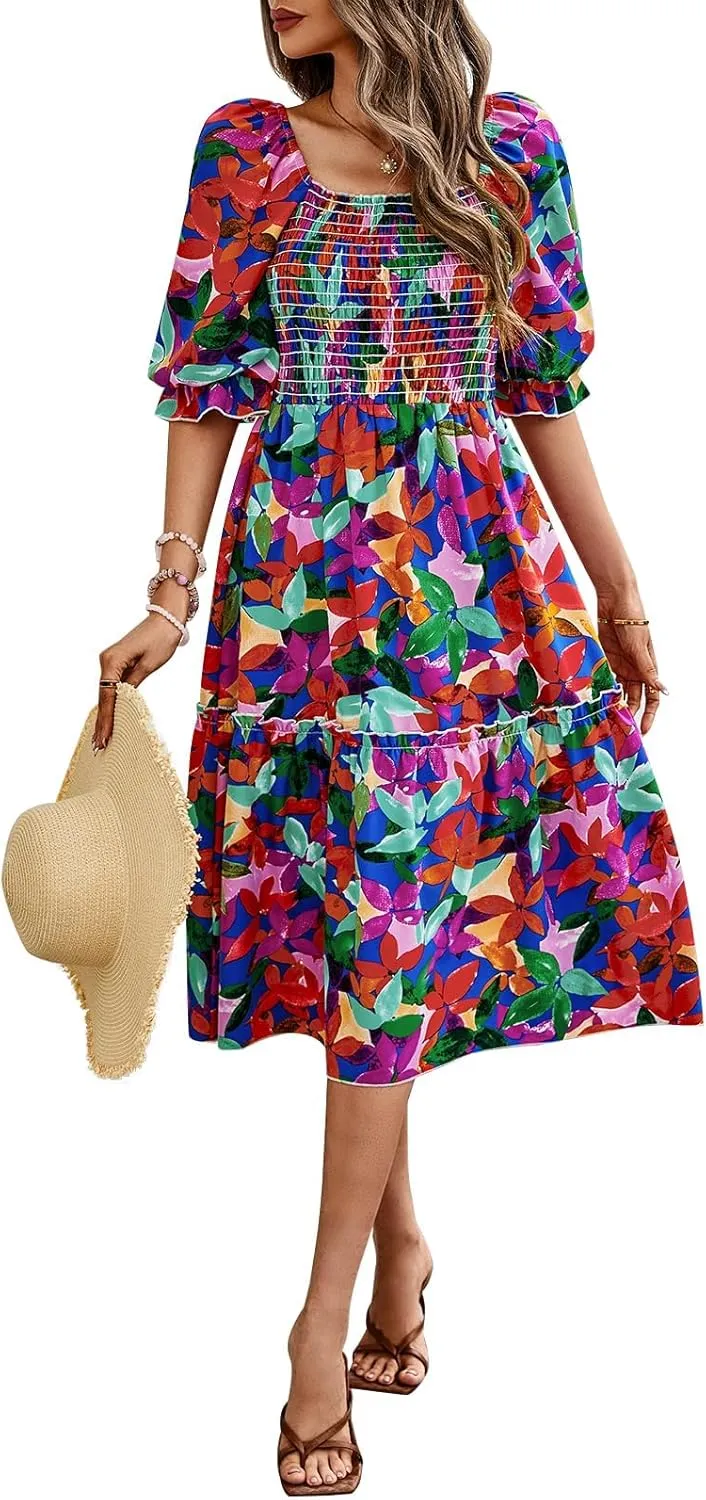 PRETTYGARDEN Women's Summer Casual Dresses 2025 Spring Puff Sleeve Square Neck A-line Flowy Boho Floral Smocked Midi Dress