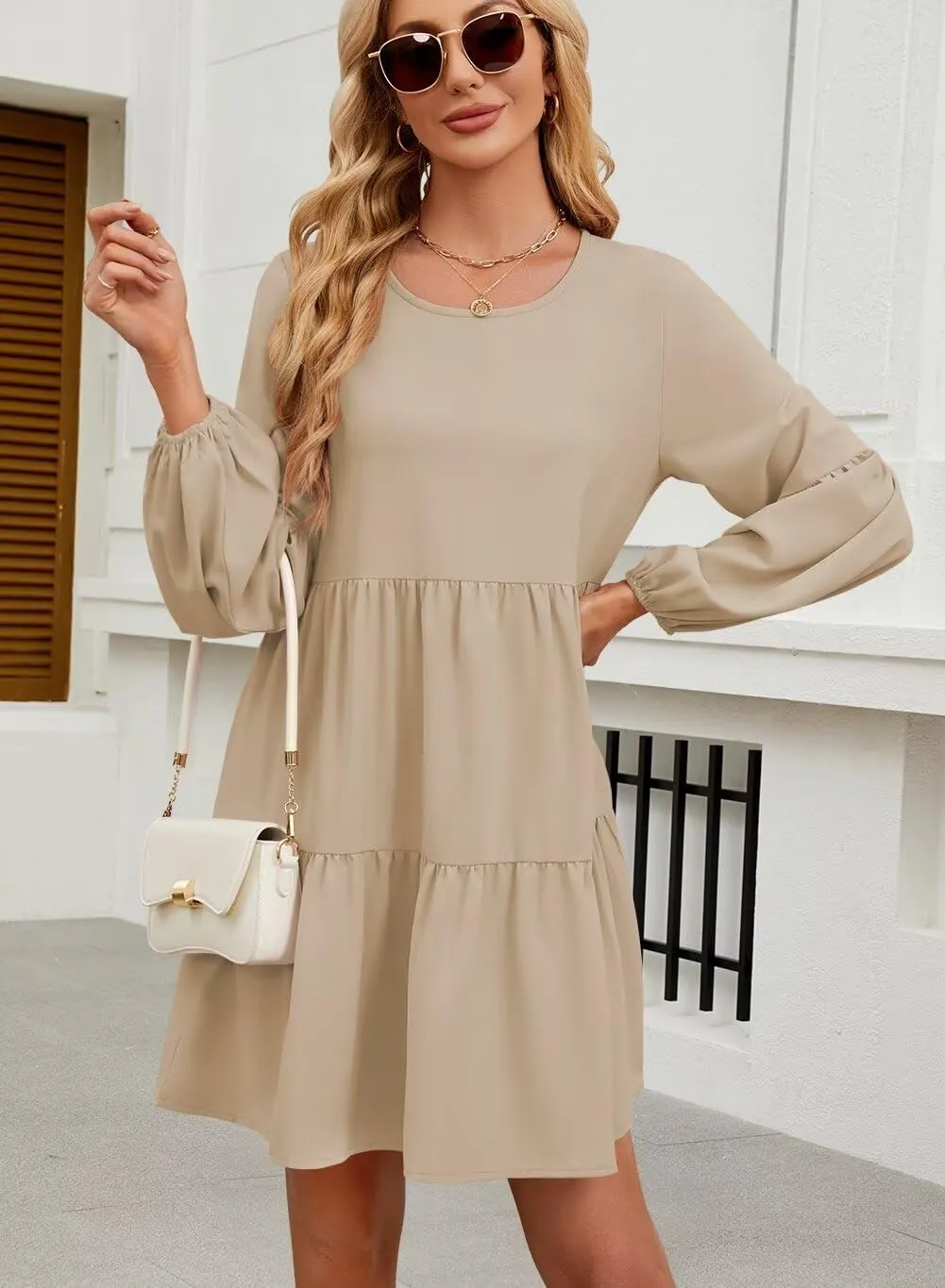 QACOHU Summer Babydoll Dresses for Women 2025 Spring Crew Neck Long Sleeve Loose Flowy Swing Tunic Mini Dress