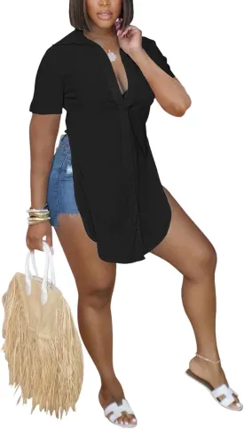 qfmqkpi Women Sexy V Neck Side Slit Collared Blouse Button Down Short Sleeve Long Shirts Tops
