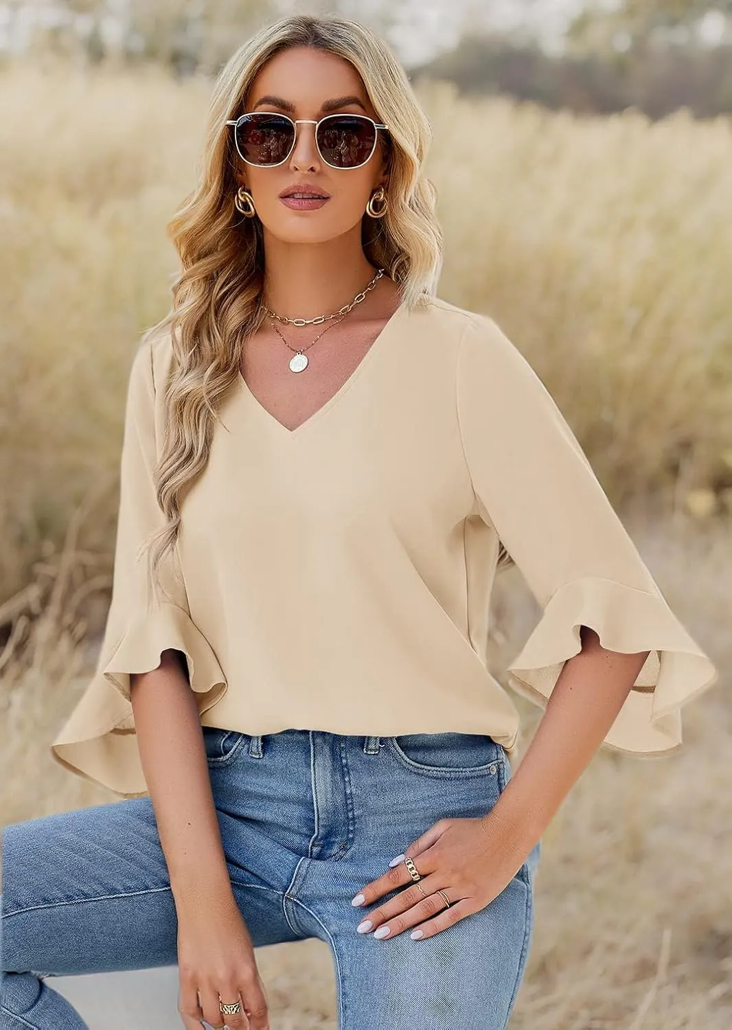 Qirno Chiffon Blouses for Women Ruffle 3/4 Sleeve Dressy V Neck Casual Flowy Tunic Tops