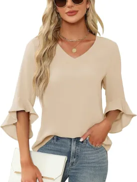 Qirno Chiffon Blouses for Women Ruffle 3/4 Sleeve Dressy V Neck Casual Flowy Tunic Tops