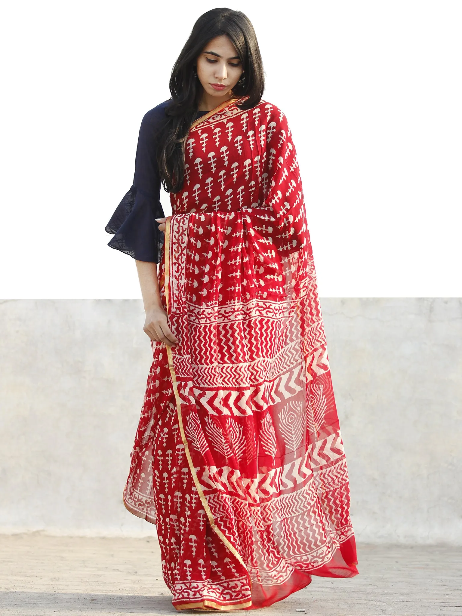 Red and White  Hand Block Printed Chiffon Saree with Zari border- S031702713