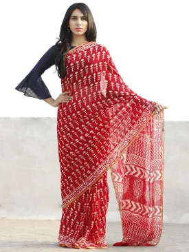 Red and White  Hand Block Printed Chiffon Saree with Zari border- S031702713