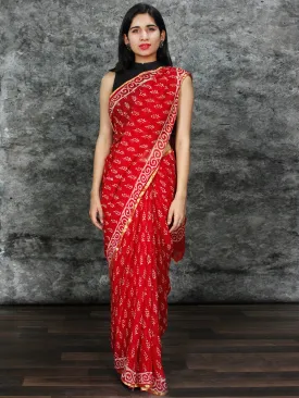 Red White Hand Block Printed Chiffon Saree with Zari Border - S031703127