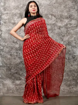Red White Hand Block Printed Chiffon Saree with Zari Border - S031703228