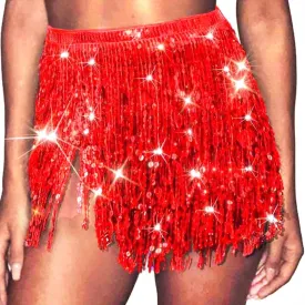 REETAN Fringe Sequin Skirt Belly Dance Sparkly Tassel Skirts for Women