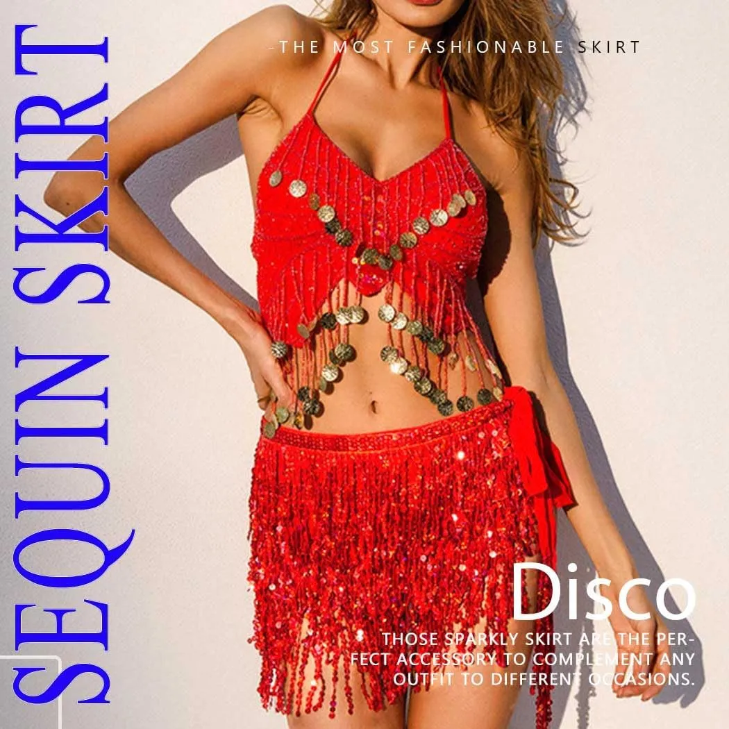 REETAN Fringe Sequin Skirt Belly Dance Sparkly Tassel Skirts for Women