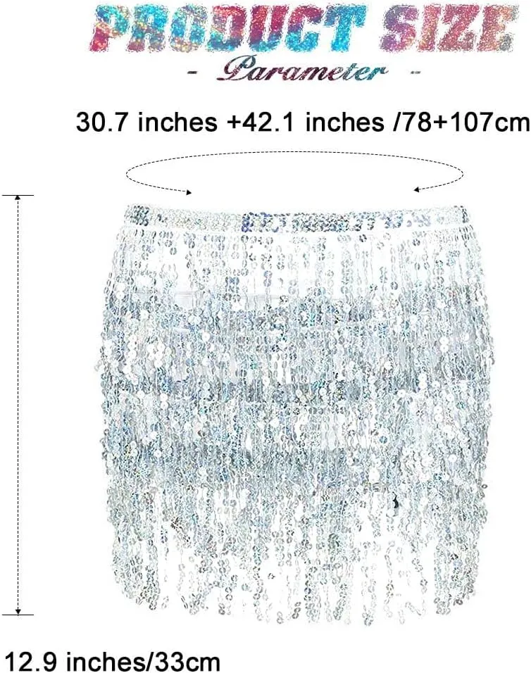 REETAN Fringe Sequin Skirt Belly Dance Sparkly Tassel Skirts for Women