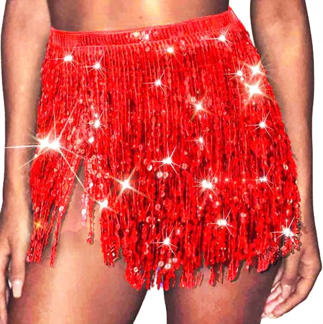REETAN Fringe Sequin Skirt Belly Dance Sparkly Tassel Skirts for Women