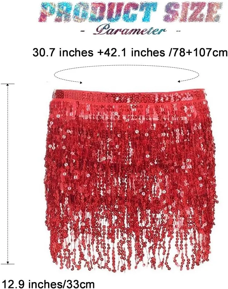 REETAN Fringe Sequin Skirt Belly Dance Sparkly Tassel Skirts for Women