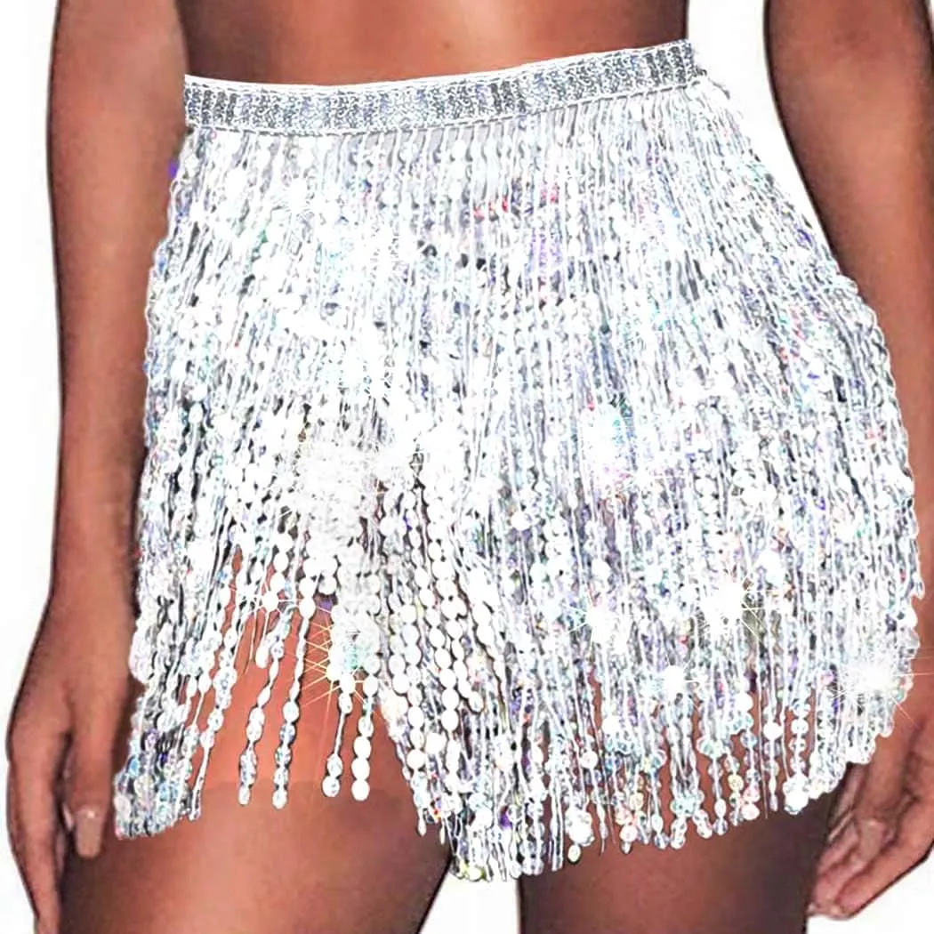 REETAN Fringe Sequin Skirt Belly Dance Sparkly Tassel Skirts for Women