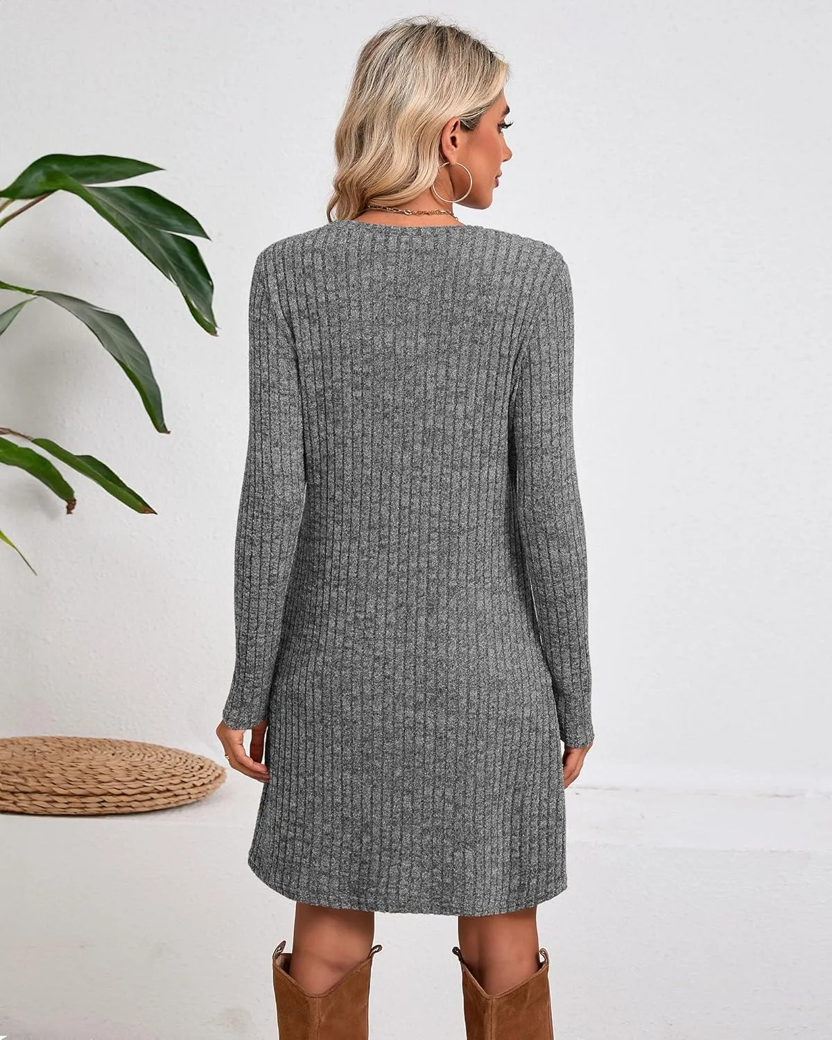 Riyiper 3 Pack Women's Long Sleeve Sweater Tunic Dresses - Loose Fitting Knit Crew Neck for Casual Fall Winter