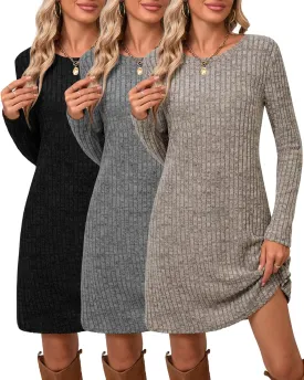 Riyiper 3 Pack Women's Long Sleeve Sweater Tunic Dresses - Loose Fitting Knit Crew Neck for Casual Fall Winter